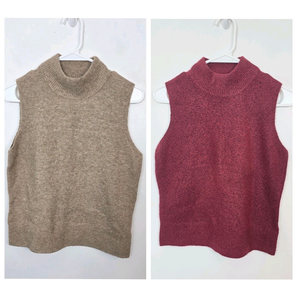 Tahari Tan & Burgundy Bundle Of 2 Sleeveless Mock Neck Wool Blend Sweaters Sz S